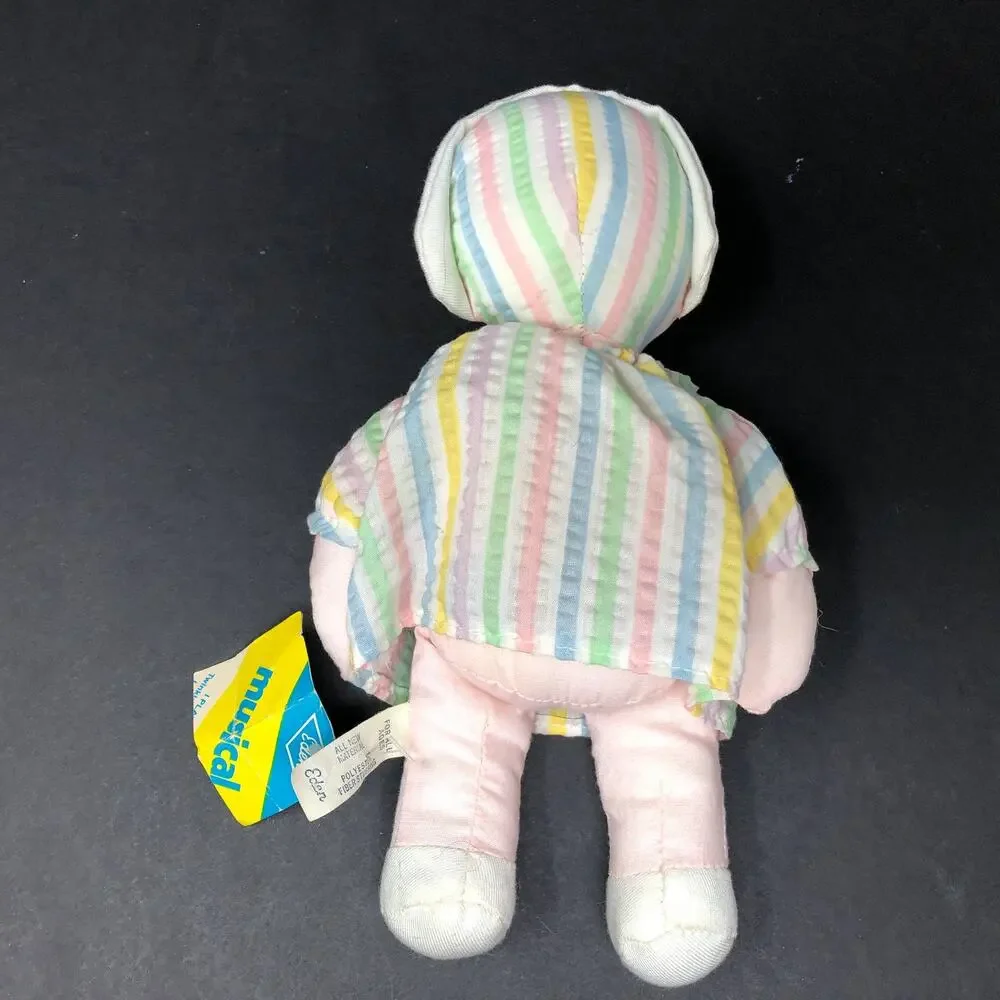 Eden Cloth Baby Doll Musical Plush‎ Striped Dress Blonde Yarn Hair Bonnet VTG